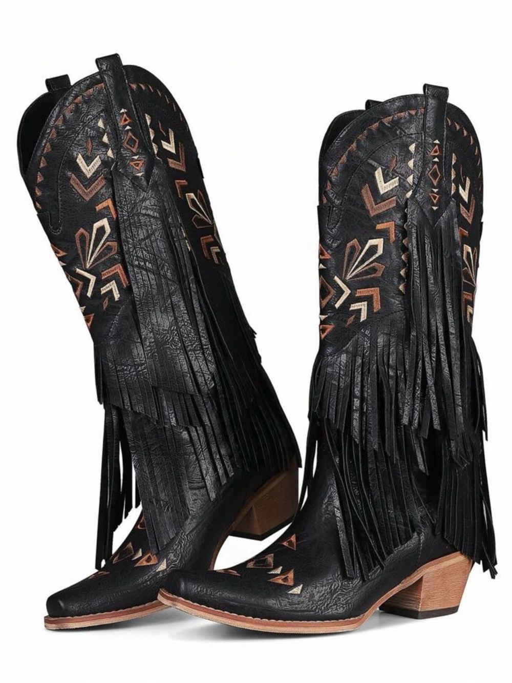 Fringed Black Western Cowboy Boots with Aztec Embroidery